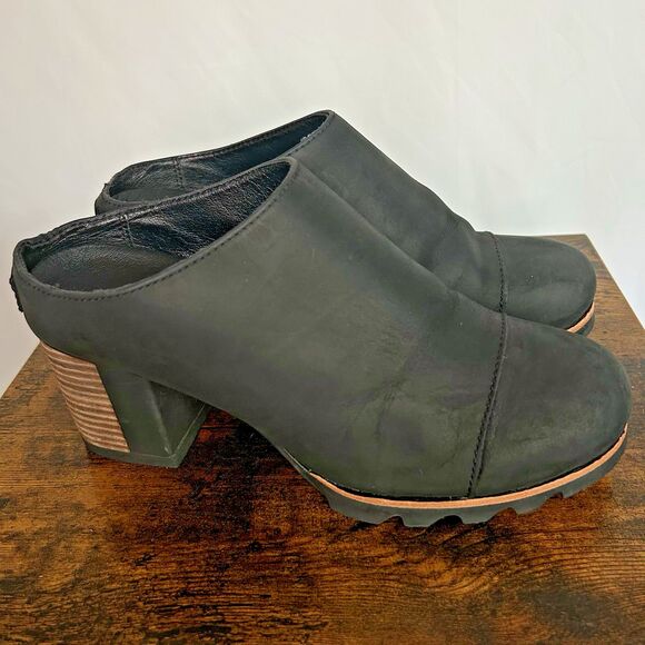 Sorel Addington Mules 7.5 Waterproof Black Leather‎ Stacked Block Heel Clog - Picture 1 of 9
